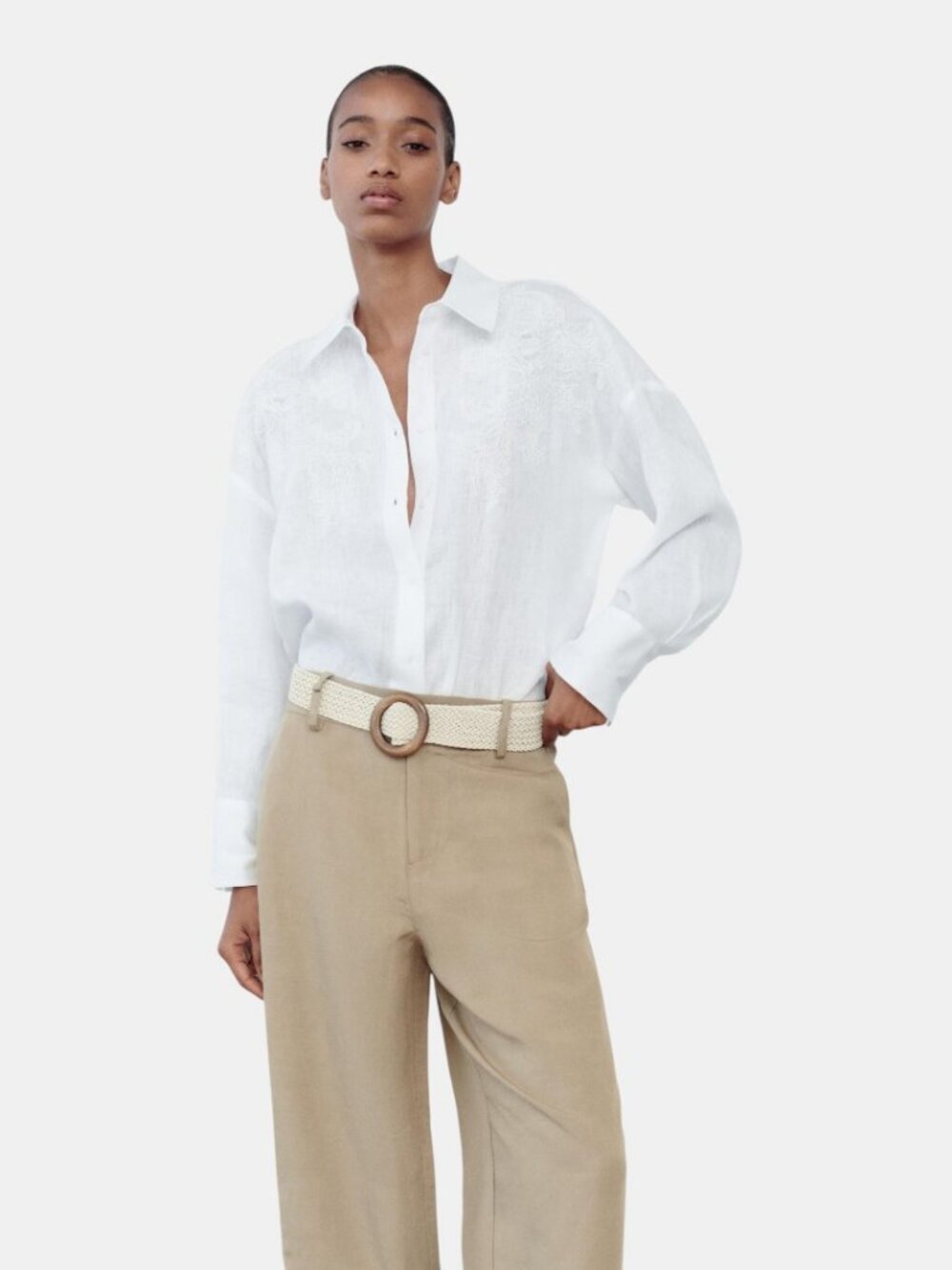 NWT ZARA EMBROIDERED 100% LINEN BUTTON-UP SHIRT WHITE  SIZE L